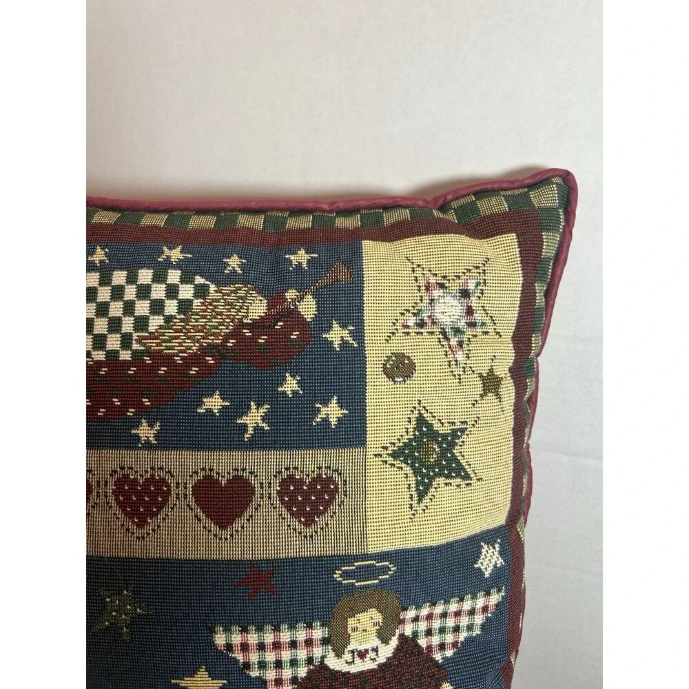 Vintage Christmas Tapestry Pillow Angels Moon Stars Folk Art Cottagecore Decor